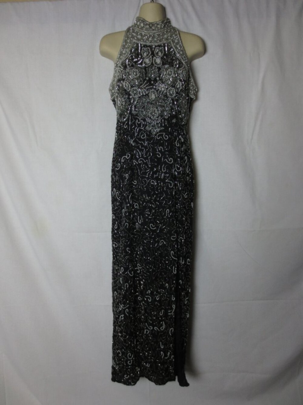 Laurence Kazar Gown Black Silk Metallic Beaded Vintage Formal Cocktail Size PS